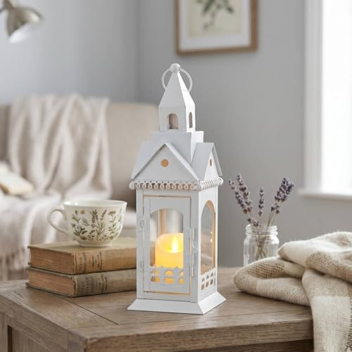 TRIROCKS Weiße Kerzenlaterne aus Metall, 31 cm, Hausform mit Gehärtetem Glas Dekorative Laterne zum Hängen oder Aufstellen für Kaminsims, Kamin, Hochzeit, Balkon & Terrassentisch