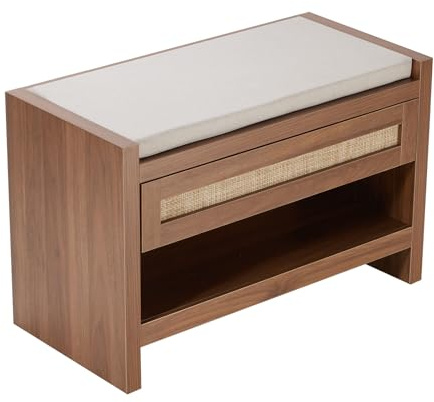 VEVOR Banc en rotin avec rangement et assise en lin, 78,5 cm, tissé à la main, style rustique bohème pour entrée, chambre, salon, cuisine