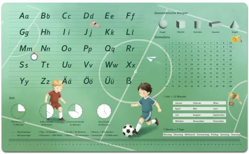 Schreibtischunterlage für Kinder - Fußballfeld Muster mit ABC-Lerninhalten - 70 x 40 cm - doppelseitige Premium-Vinyl Schreibunterlage Junge - Abwischbar, öl- und schmutzabweisend, weicher