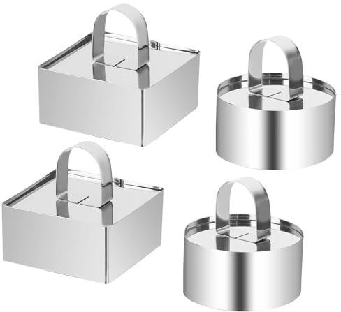 XCRPRT Anillos de postre, 4 unidades, 8 cm de diámetro, acero inoxidable, anillo para hornear con tapa, anillos para servir cuadrados y redondos, pequeños anillos para tartas mousse, postres,