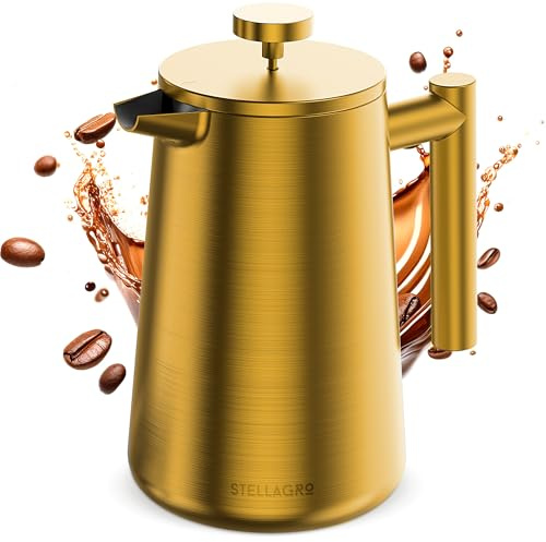 STELLAGRO French Press Coffee Maker, Stainless Steel French Press, 34 Oz / 1L, Large Insulated Double Wall Coffee Maker with 3 Extra Mesh Filters, Satin Finish, Gold
