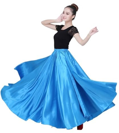 WEKONUMEX Abito di Danza del Ventre, Gonna da Flamenco Spagnola Abito in Raso for Adulti Bambini Spettacolo teatrale a 360 Gradi(Blue,Adult Length 90cm)