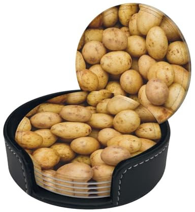 (Garden Potatoes) Round Leather Drink Coasters Set of 6 with Holder, Stylish Coaster Set for Coffee Bar Home Office Decor