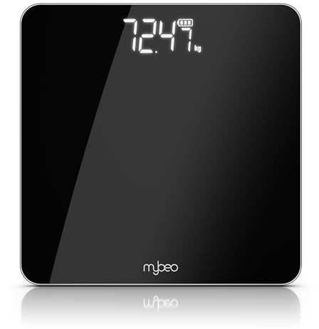 MyBeo - Digitale Personenwaage - Körperwaage aus Glas – 5 bis 180 kg – große Anzeige - LCD Display - kg und lb – DMS Sensoren – 6 mm Sicherheitsglas – automatisches Einschalten - Schwarz