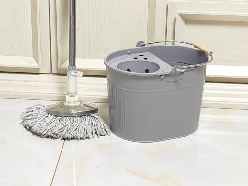 Cubo de fregona de metal de acero galvanizado de 13 litros, grande, industrial, galvanizado, reforzado, resistente, grueso, de acero para limpieza general en casa, oficina (gris)