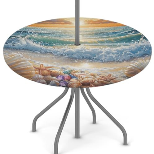 Woltant Nappe ronde avec trou de parasol et fermeture éclair facile à nettoyer avec bords élastiques - Protection de table d'extérieur pour jardin, terrasse, barbecue (vagues nacrées)