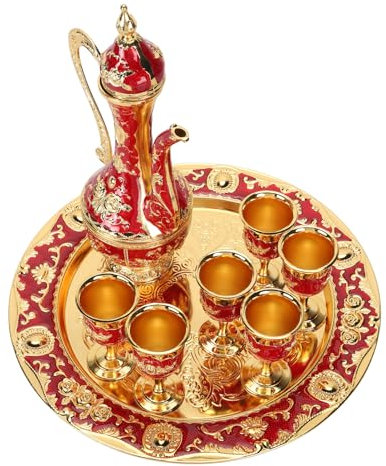 Set di caffettiera turca vintage e 6 tazze in lega di zinco, teiera per tè turco, elegante set da caffè in metallo, per casa, matrimoni e intrattenimento (rosso)