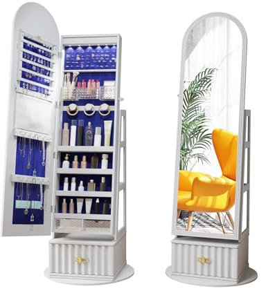 HXYhydrypd 360° Drehbarer Schmuck Spiegelschrank, 160 cm Hoher Standspiegel mit Stauraum, Schmuckschrank Als Geschenk für Frauen(White)