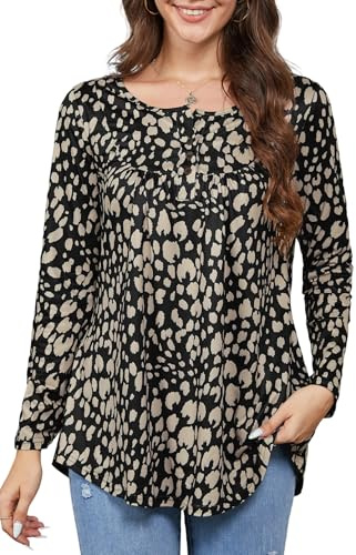 Enmain tunika toppar för kvinnor vardaglig långärmad blus tunika topp för damer rund hals långärmade blusar skjortor plus size swing tunika knapp upp, S4-guld/svart, M