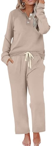 WIHOLL Lounge Sets for Women 2 Piece Fall Outfits for Women 2025 Fashion Old Money Clothes 2025 Two Piece Sweat Suits Casual Tracksuit Button Down Loungewear Matching Sets Winter Clothing Beige XL