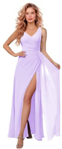 Vestido de gasa para dama de honor, largo con cuello en V, acampanado, formal, fruncido, con cola, vestido de invitada de boda con abertura, Lila, 36