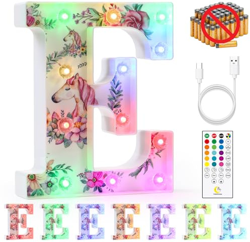 mooncow Rechargeable Unicorn Light Up Letters，Durable Marquee Letters,Colorful Initial Night Light with Remote,Wall Decor,Bedroom Decor,Party Decoration,Gift Wrap Gifts (E)