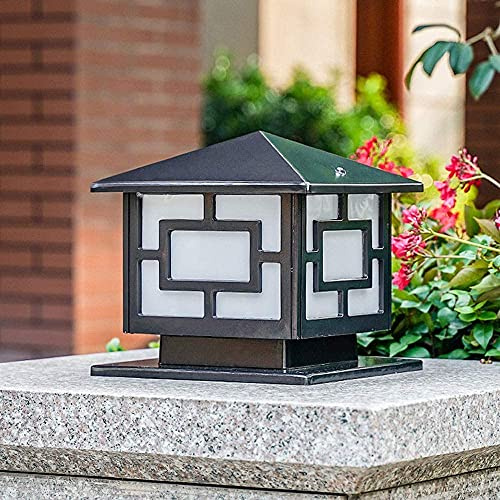 BUNCC Modern Outdoor Post Light | Black Square Pillar Lantern with Geometric Design | Waterproof IP65 Die-Cast Aluminum Column Lamp E27 Socket | for Deck Fence Gate Patio Yard Garden Decor