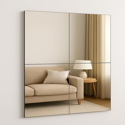 4Pcs Glass Mirror Tiles Self-Adhesive Mirrors Square Wall Mounted DIY Full Body Mirror Makeup Decor Mirrors for Bathroom Living Room Kitchen (30x30cm 4PCS)