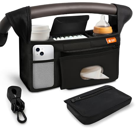 Baby Uma Universal Stroller Organizer Bag - Stroller Caddy Organizer with XL Insulated Cup Holder (x2), Phone Holder, Wipes Dispenser, Zip-Off Wrist Bag & Clip-On Shoulder Strap, Baby Travel Gear