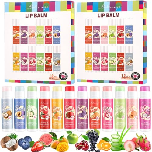 Jorun 24 Pcs Lip Balm Set - 12 Flavors Moisturiser Natural Organic Change Color Lip Balm Multipack Care Stick - Lip Balm for Kids Mens Girls Womens