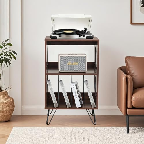 Awhtixbo Retro Record Player Stand, Fits 7/10-inch Records, 3-Tier Vinyl Record Storage Side Table Holds 160 Albums, Wood CD Record Cabinet with Metal Legs for Living Room, Bedroom, Study, Brown