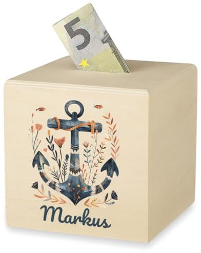 polar-effekt Personalisierte Spardose für Mädchen mit Anker UV-Druck - Sparbüchse mit Namen aus Holz - Holzspardose für Münzen & Scheine