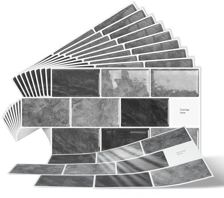 10-Sheets Peel and Stick Wall Tiles, 3D Self Adhesive Tile Stickers for Bathroom and Kitchen, Stick on Tiles Splashback Grey (30.5x15.25cm)