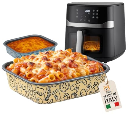 Teglia Antiaderente in Alluminio per Friggitrice ad Aria AkitaInk - Riutilizzabili per Airfryer e Forno, Ideali per Cottura Senza Olio, Disponibili in Vari Formati e Forme (Quadrata 20,7x20,7 cm)