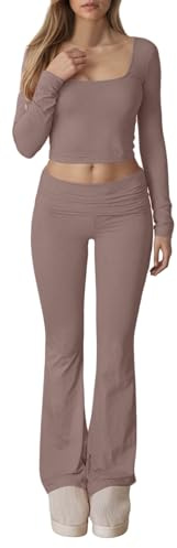 Generisch Vestito da donna in maglia a due pezzi, con pantaloni lunghi, top a maniche lunghe, comodo abbigliamento casual, caffè, M