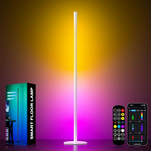 LED stehlampe Wohnzimmer, Stehlampe Weiß mit Fernbedienung, 16 Millionen DIY Farben Warm Weiße Musik Sync Eckleuchte mit Timing-Funktion, 140cm RGB Ecklampe für TV Wohnzimmer Schlafzimmer Spielzimmer