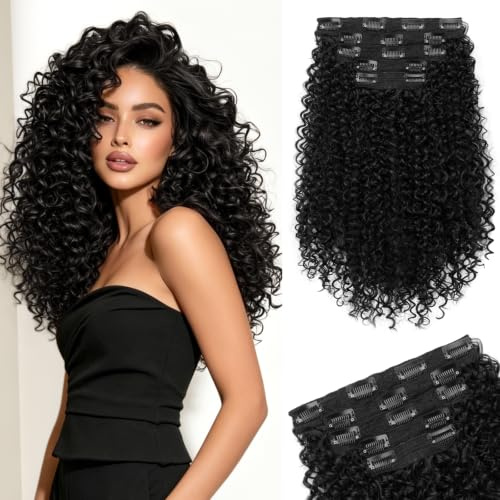 Sofeiyan Haarverlängerung Clip-in,5PCS 40 cm Locken Extensions | Lockige Haarverlängerung für Dünnes Haar,100% Reine Proteinseide Hair Extensions Clips für Frauen,Natürliches Schwarz