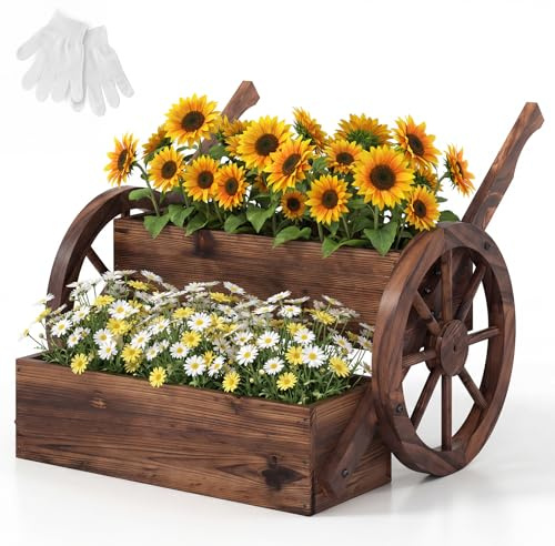 COSTWAY Blumenwagen Holz, Blumenständer mit 2 Rädern & Griffen & Drainagelöchern, Pflanzwagen, 2-stufiger Blumenkasten bis zu 10 kg belastbar, Pflanzenkasten deko für Garten & Balkon, 64x54x50 cm