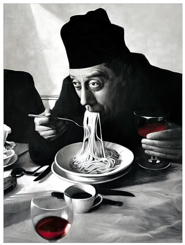1art1 Kochkunst Poster Spaghetti, Rotwein, Don Camillo Bilder Leinwand-Bild Auf Keilrahmen | XXL-Wandbild Poster Kunstdruck Als Leinwandbild 80x60 cm