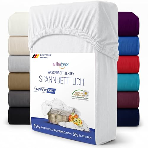 EllaTex Spannbettlaken 200x220–220x240 XXL extra hoch 40 cm – 200 g/m² Baumwolle-Elastan, Spannbetttuch für Boxspringbett & Wasserbett, elastisch & langlebig, Farbe: Weiß