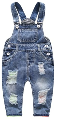 KIDSCOOL Salopette Jeans Bambino, Denim Strappato con Bavaglino | Salopette neonato in denim, tuta unisex strappata e consumata, fodera a quadretti, outfit morbido