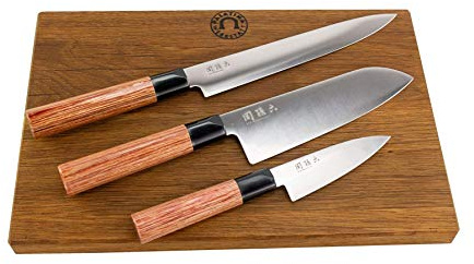 KAI Shun Seki Magoroku Redwood Lot de 3 couteaux japonais tranchants + une grande planche à découper en chêne massif, 35 x 22 cm