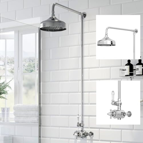 Park Lane® Bathroom Thermostatic Mixer Shower, Traditional Crosshead Exposed Bar Valve Round Drencher Rainfall Head Victorian Style Showers, Chrome
