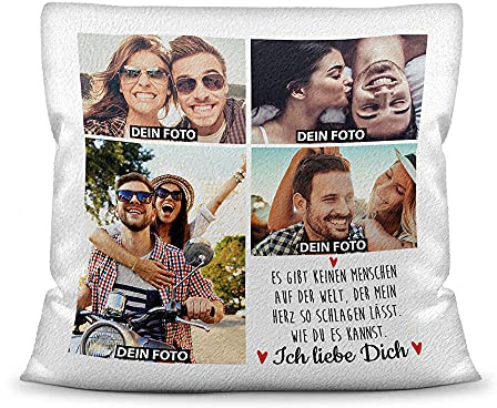 Print Royal Kissen mit Füllung - Fotocollage und Spruch - Für Verliebte & Paare - mit Vier Wunschfotos selbst gestalten - Kissen Polyester - Weiß flauschig, 40x40 cm