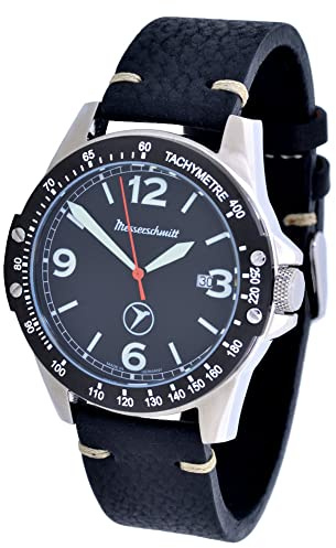Messerschmitt Quarz Herren Fliegeruhr Model ME-98189V 44mm 5ATM Ronda 515 Uhrwerk (schwarzes Retro Lederarmband)
