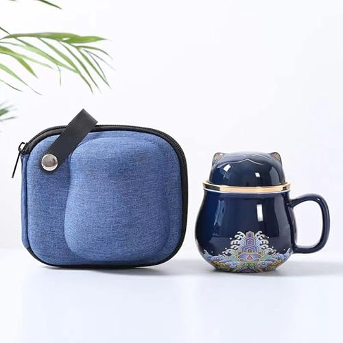 Portable Ceramic Tea Cup Set, Lucky Cat Ceramic Teapot Set With Handle, Tea Strainer, Lid And 1 Shockproof Storage Box For Travel, Outdoor And Office. (blue)