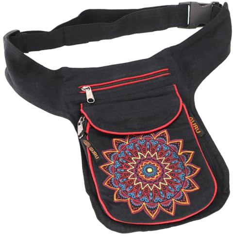 GURU SHOP Stoff Sidebag & Hüfttasche Mandala, Goa Gürteltasche, Bauchtasche aus Nepal - Schwarz/rot, Herren/Damen, Baumwolle, Size:One Size, 25x20x4 cm, Festival- Bauchtasche Hippie