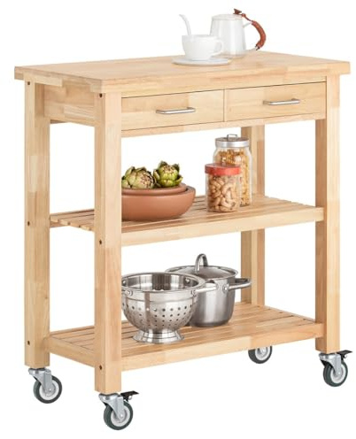 SoBuy Carro de Cocina con Ruedas, 2 cajones y Madera de Caucho, 80×40×90 cm | Mueble auxiliar de cocina con 2 estantes y encimera de trabajo, isla móvil para cocina y comedor, Natural, FKW24-II-N