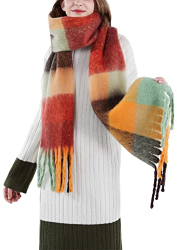 SHOHOKU Large Chunky Plaid Scarf Coloured Checked Oversized Scarf Tassel Soft Fall Winter Thick Warm Shawl Women (B)