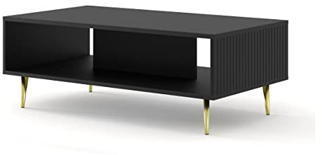 BIM Furniture Couchtisch Ravenna B 90 x 60 cm gefräste MDF-Dekorationen auf goldenen Metallbeinen EIN Kaffeetisch Tisch mit Regal (Schwarz Matt)