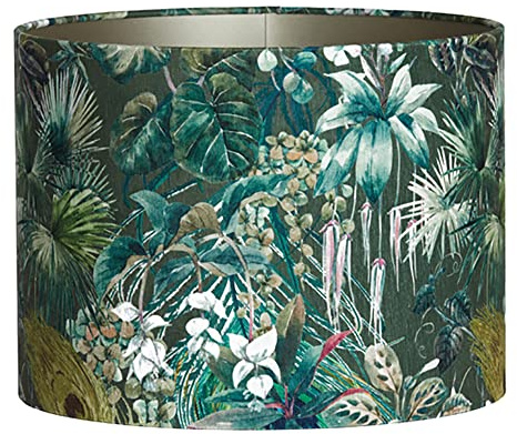 Lampenschirm Zylinder in Velours mit Floralen Motiven in Grün für Tischleuchte Tischlampe 30-30-21