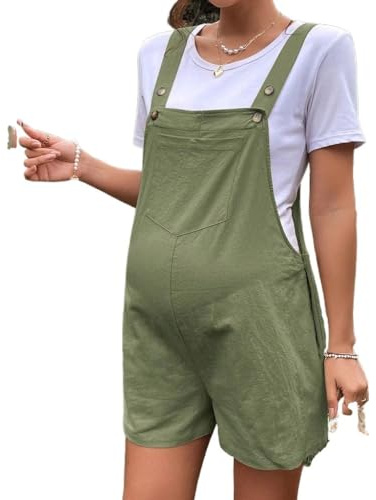 FaroLy Mono Corto de Maternidad para Mujer Mono Sin Mangas con Botones Mono de Peto de Algodón Lindo con Bolsillos (Color : Green, Size : XL)