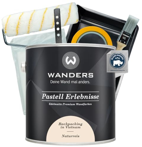 Wanders Pastell Erlebnisse Wandfarbe 2,5L (Naturreis, Beige) inkl. Streichset Basic – Premium Kreidefarbe, Leichte Anwendung, Hochdeckend, Ultramatt, Perfekt für Heim-DIY