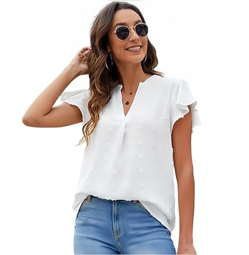 Satohom Camicetta in Chiffon a Maniche Corte con Scollo a V Casuale Estivo da Donna Tunica Elegante Maglietta a Pois con Volant per Le Signore, Nero, Bianco, Rosa