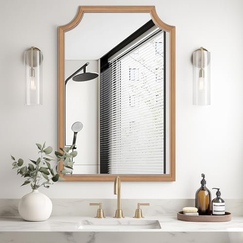 HOMECOOKIN 61 x 91,4 cm gewellter Holzspiegel, Badezimmerspiegel, rechteckiger Wandspiegel, Dekoration für Flur, Schlafzimmer, Wohnzimmer [natürlich]