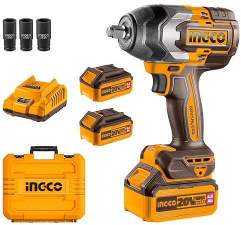 Ingco Clé à Chocs sans Fil 20V, Moteur sans Balais, 850NM, Boulonneuse à Chocs Électrique sans Fil, 2400 tr/min, avec 3 Douilles (22/24/ 27mm), 2 Batteries 4,0Ah et 1 Chargeur CIWLI2085