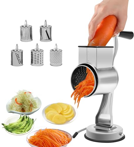 Râpe à fromage manuelle 5 en 1, râpe à légumes avec manivelle, coupe-légumes avec 5 feuilles de tambour, coupe-légumes spirale en acier inoxydable, râpe, rabot à concombre, passe au lave-vaisselle,