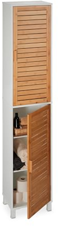 Relaxdays Badezimmerschrank, HxBxT: 190 x 40 x 30 cm, 6 Fächer, MDF & Bambus, hoch, schmal, Bad Hochschrank, weiß/Natur
