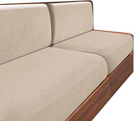 SYLC Caravan Seat Cover Stretch Jacquard, Non-slip RV Dinette Cushion Covers with 2 Straps, Couch Cushion Covers for Camper Sofa Bench (Beige,W 55-85 cm, D 25-45 cm)