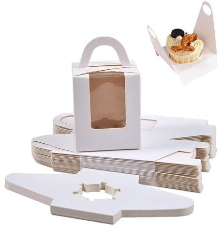 SUJIBHI 20 Pcs Individual Cupcake Boxes Single Cake Boxes with Clear Window 1 Hole Cake Box with Inserts and Handle Bakery Boxes for Wedding Birthday Party Favors (White)